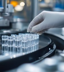 A hand wearing sanitary gloves carefully examines medical vials on a production line, ensuring quality standards in a pharmaceutical manufacturing process